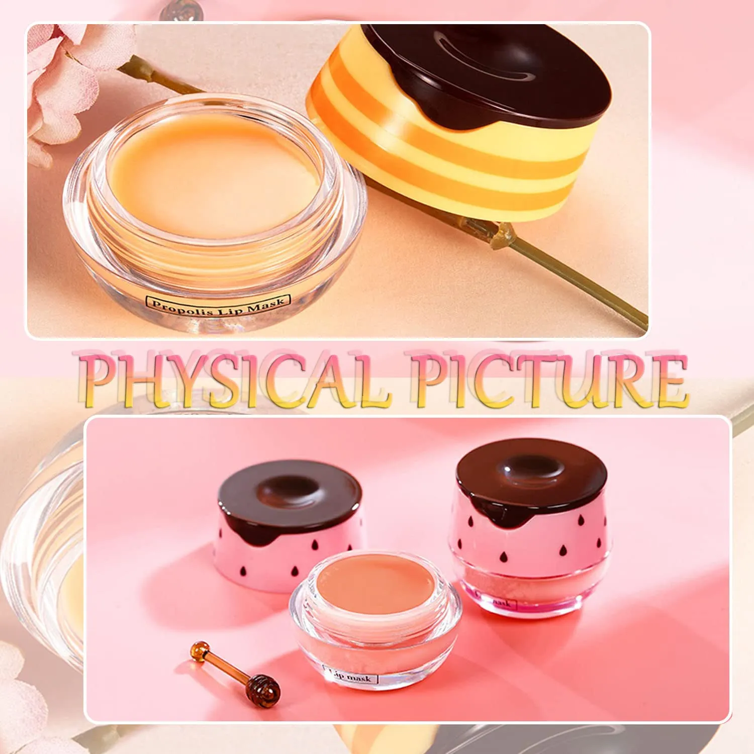 Bee Lip Balm Honey Pot, 4 PCS Strawberry & Honey Lip Masks Hydrating Prevention Dry and Cracked Lip Scrubs Exfoliator，Lip Sleep Mask Reduces Lip Lines，Lip Exfoliating Bee Lip Balm Sleeping Lip Mask