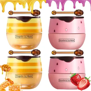Bee Lip Balm Honey Pot, 4 PCS Strawberry & Honey Lip Masks Hydrating Prevention Dry and Cracked Lip Scrubs Exfoliator，Lip Sleep Mask Reduces Lip Lines，Lip Exfoliating Bee Lip Balm Sleeping Lip Mask
