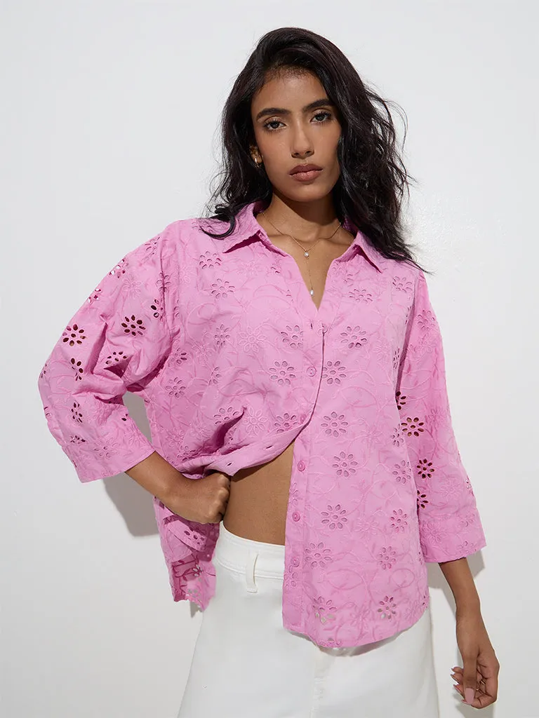 LOV Pink Floral Schiffli Detailed Cotton Shirt
