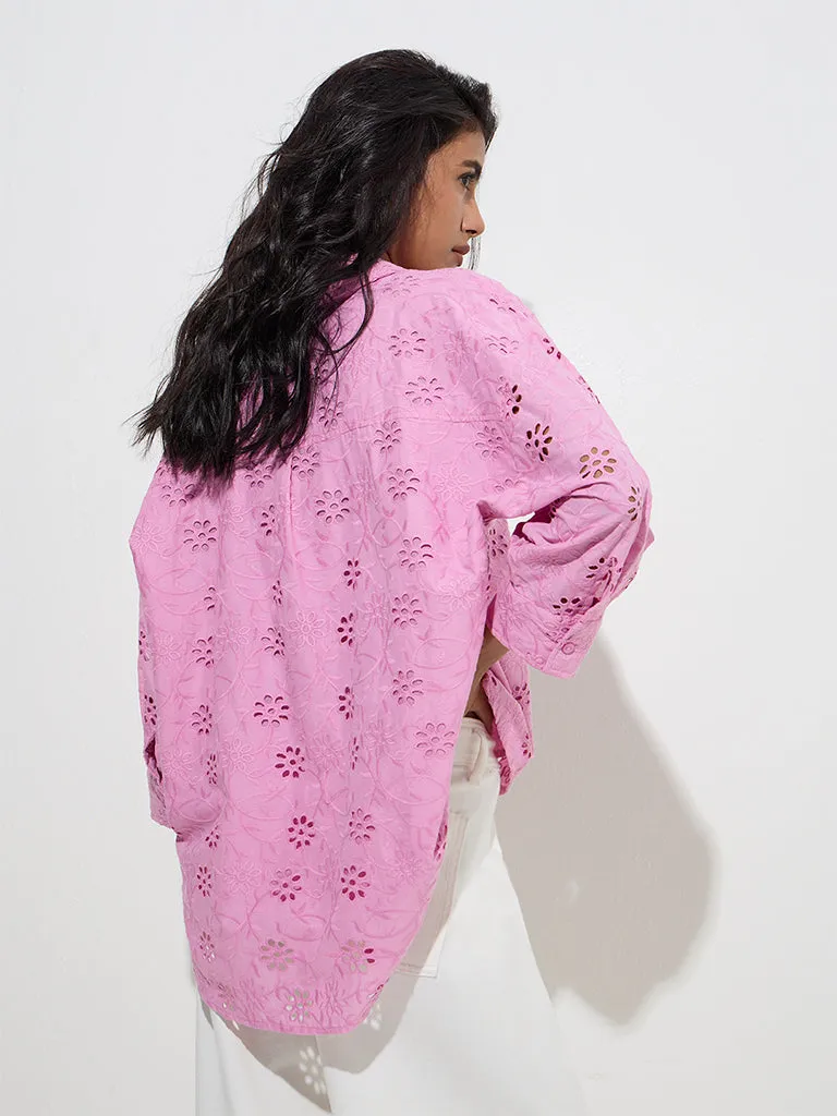 LOV Pink Floral Schiffli Detailed Cotton Shirt