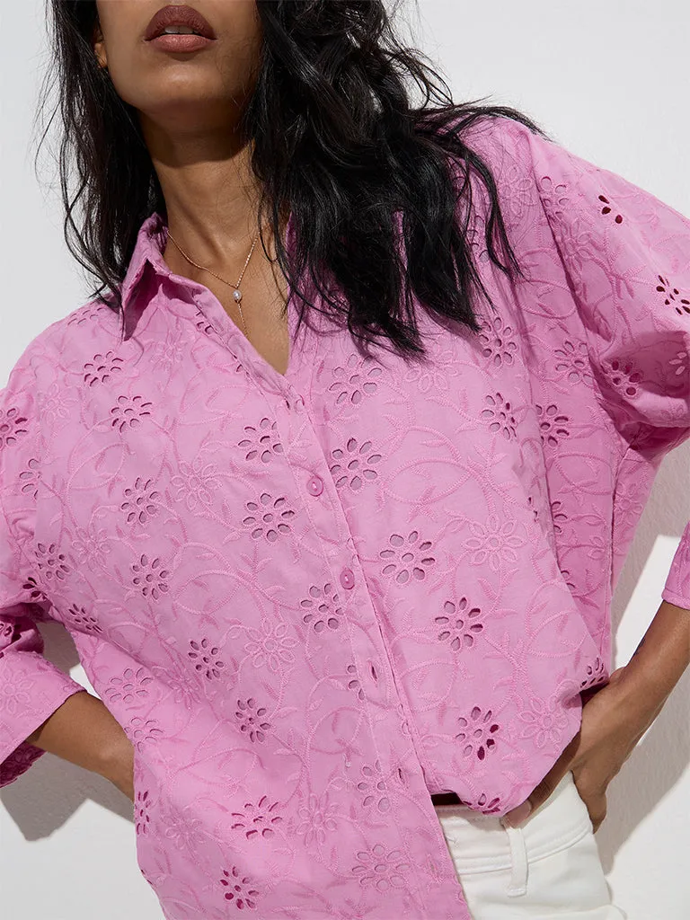 LOV Pink Floral Schiffli Detailed Cotton Shirt