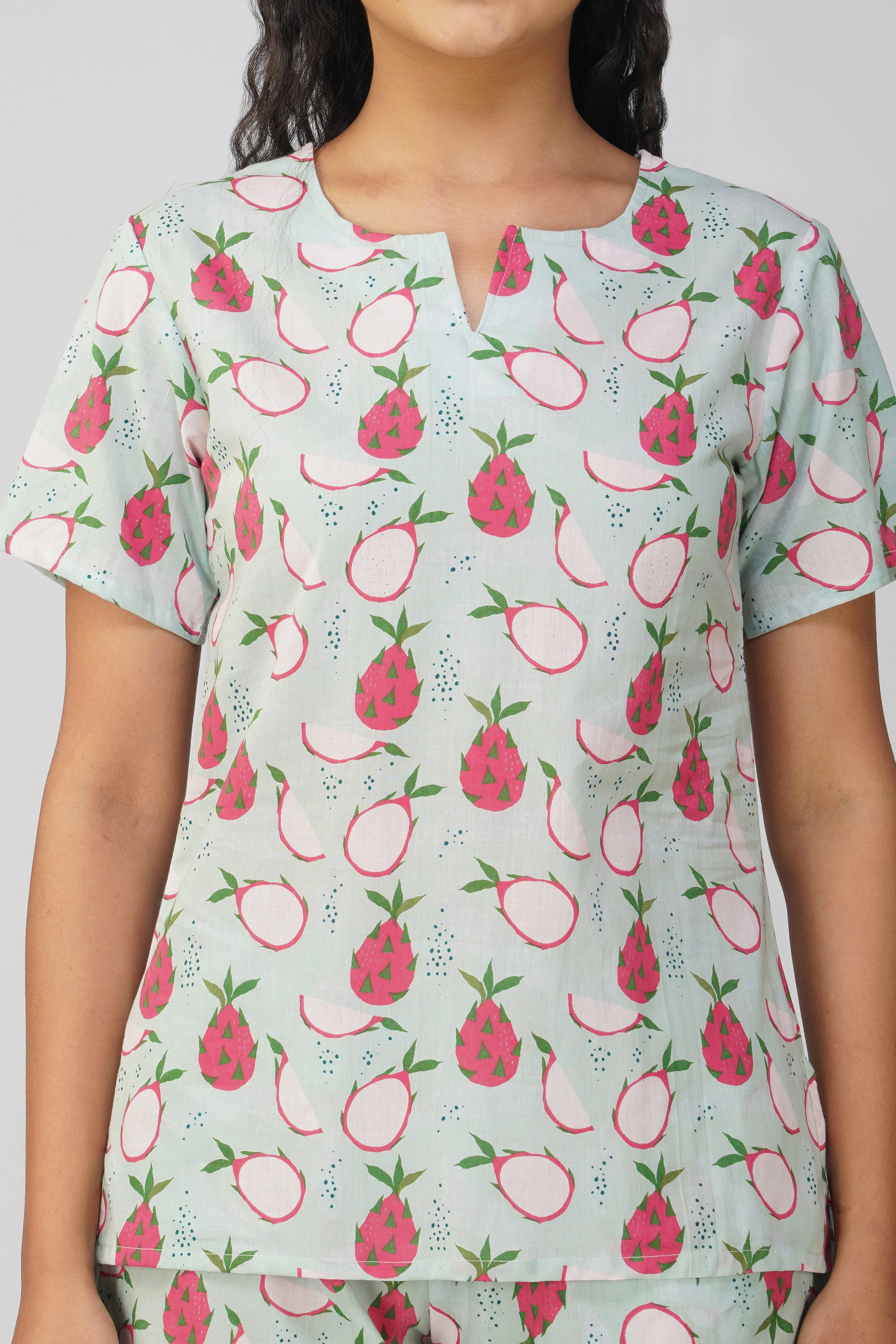 Sea Green Fruit Print Cotton Night Suit With Short