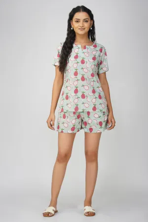 Sea Green Fruit Print Cotton Night Suit With Short
